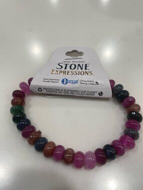 StoneExpressions Pink Green Blue & Gray Semi-Precious Bead Stretch Bracelet NWT